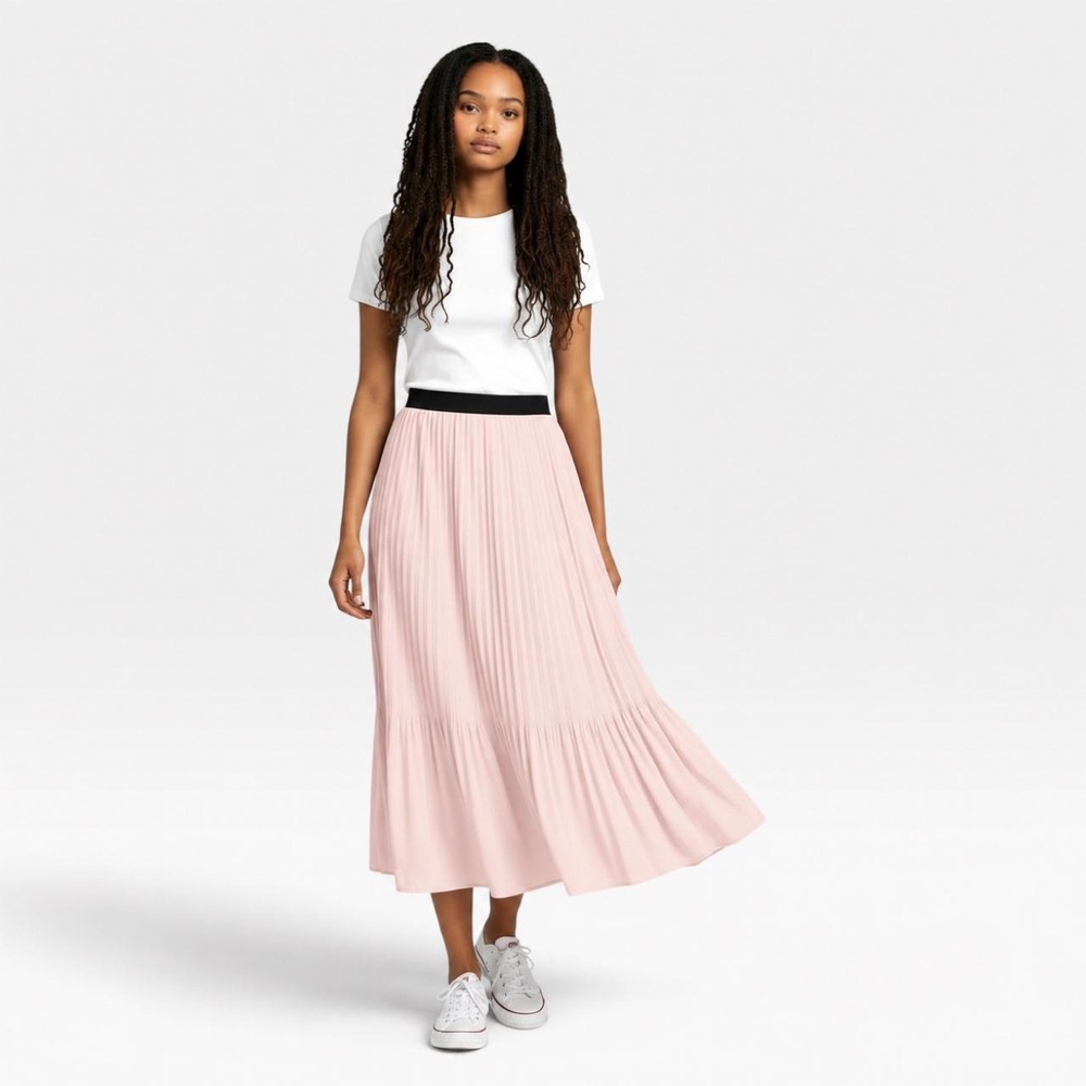 Adrianna Papell Pink Pleated Drop-Waist Midi Skirt Size Extra Small